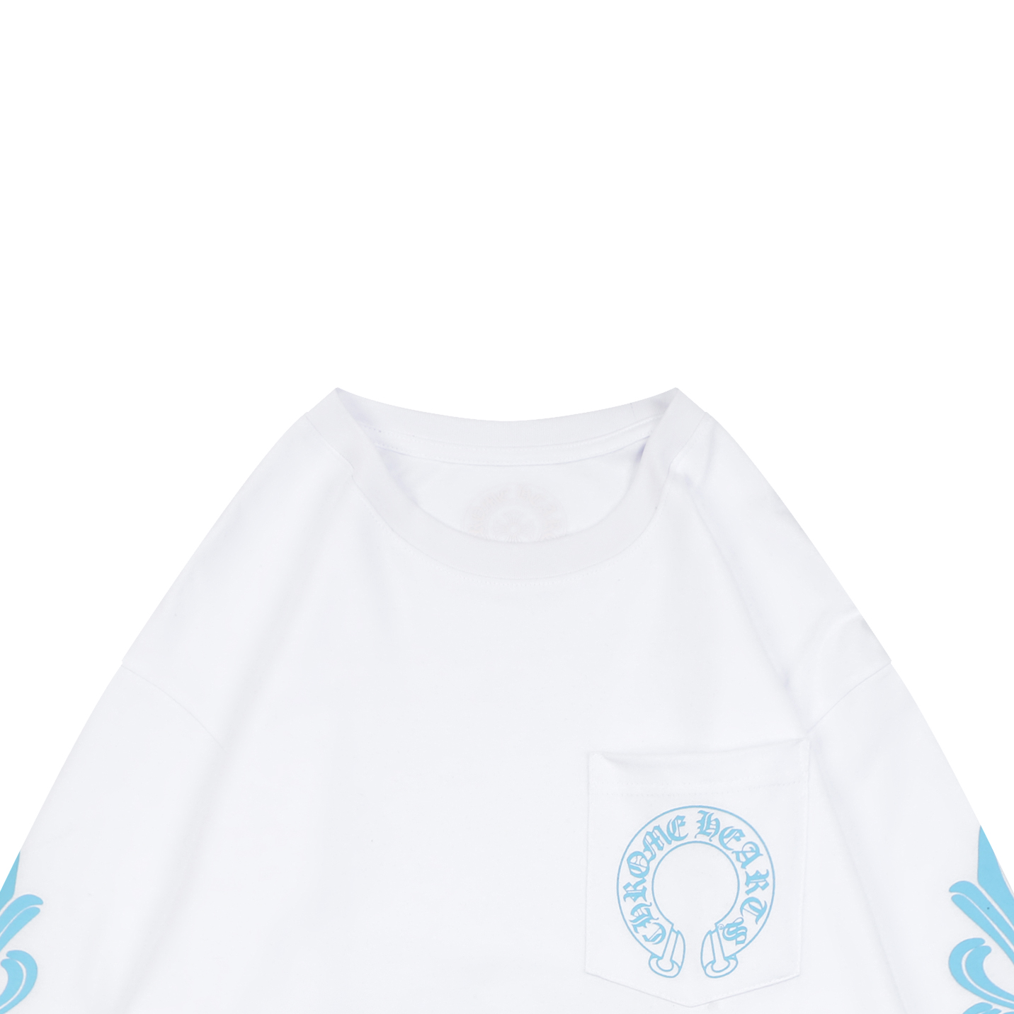 クロムハーツ クロス スリーブ スクロールプリント ロングTシャツ ホワイト×ブルー 詳細画像 3