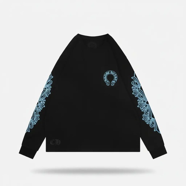 クロムハーツ クロスフローラル 梵字 スクロールプリント 長袖Tシャツ ブラック ブルー
