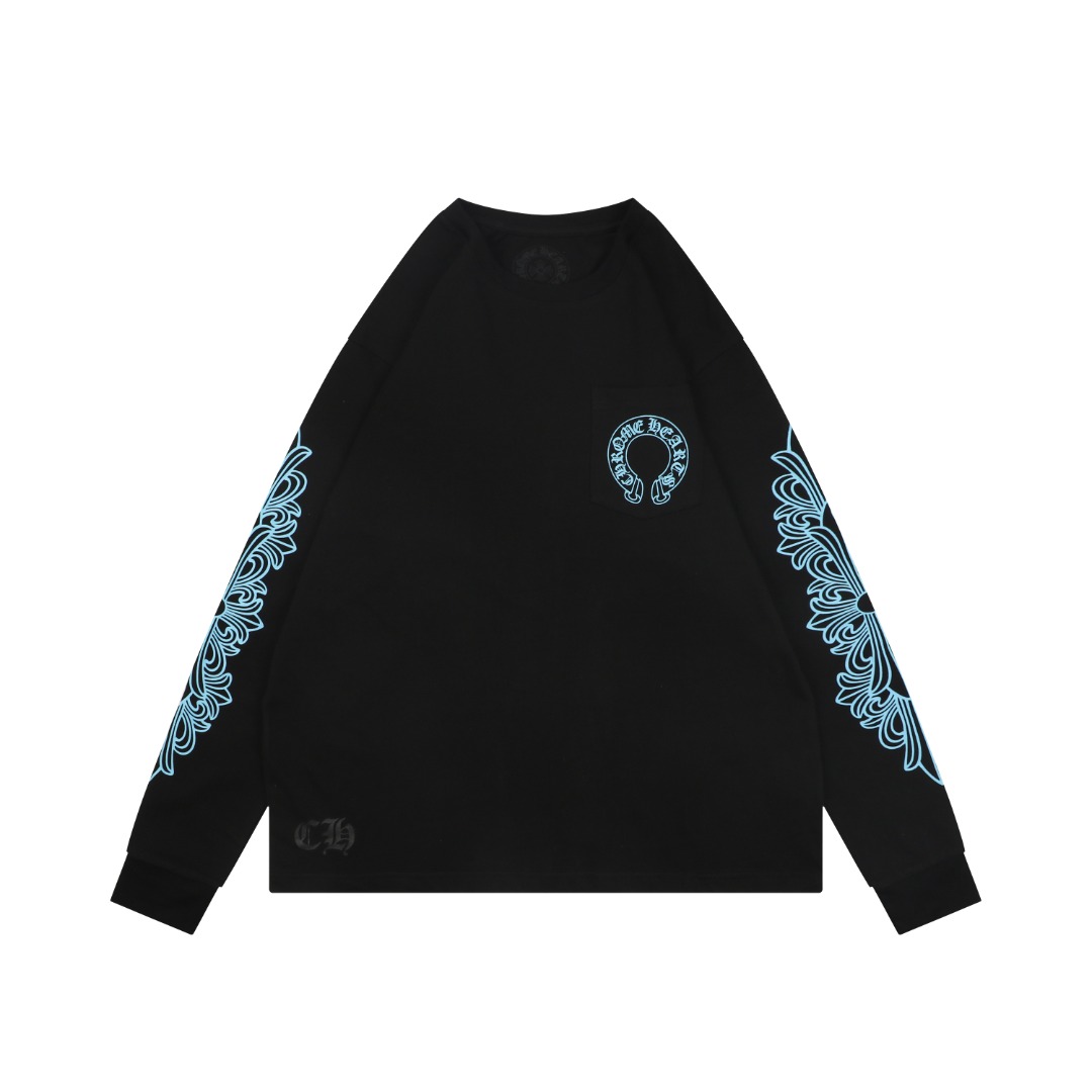 クロムハーツ クロスフローラル 梵字 スクロールプリント 長袖Tシャツ ブラック ブルー 詳細画像 1