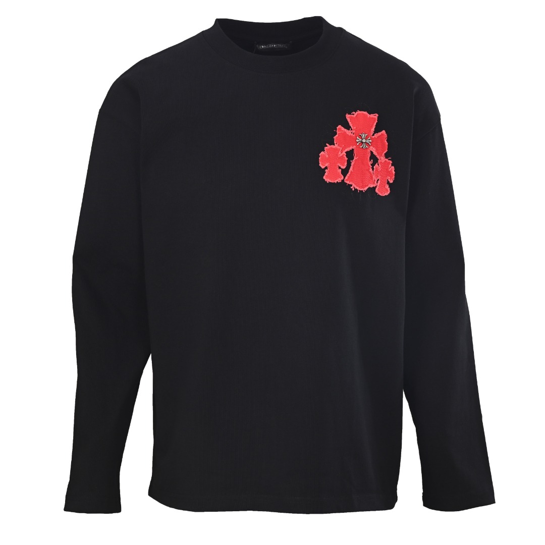 クロムハーツ レッドクロスパッチ 高目付 ドロップショルダー ロングスリーブTシャツ ブラック ホワイト 詳細画像 1