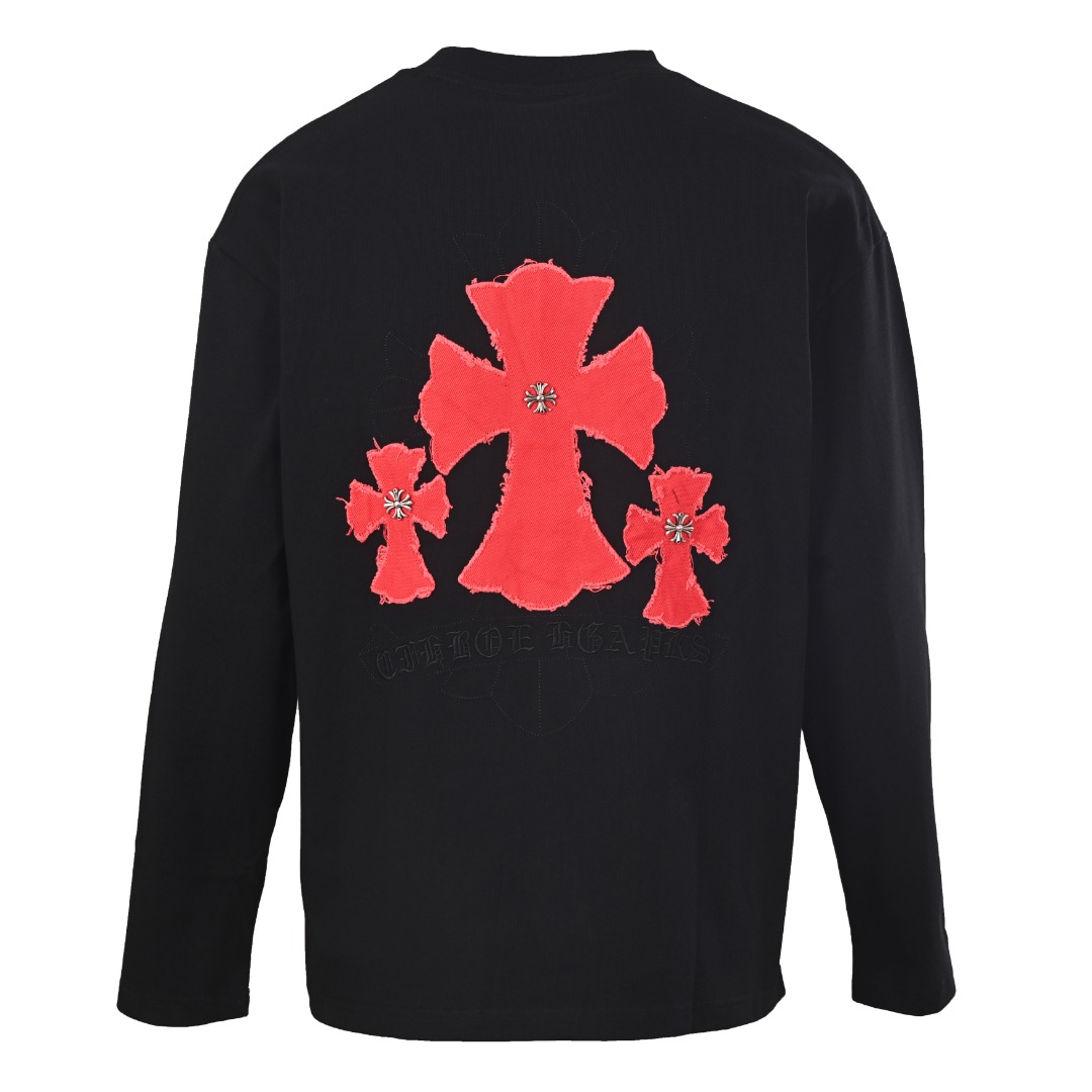 クロムハーツ レッドクロスパッチ 高目付 ドロップショルダー ロングスリーブTシャツ ブラック ホワイト 詳細画像 3