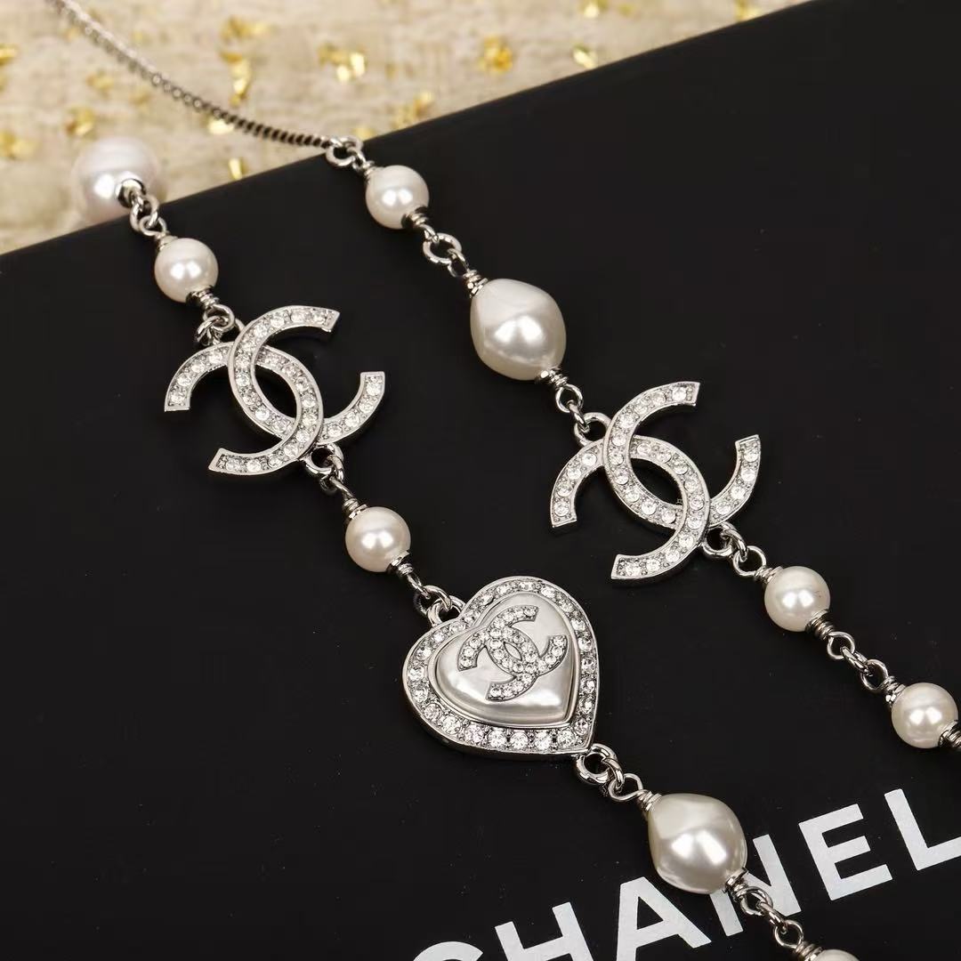 シャネル ダブルレイヤー パール ラインストーン ハートペンダント セーターチェーン ネックレス ホワイト シルバー 詳細画像 3