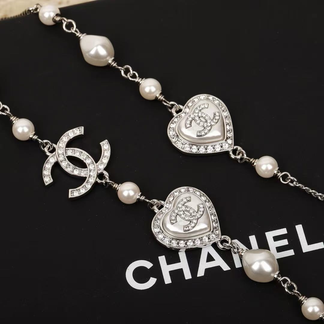 シャネル ダブルレイヤー パール ラインストーン ハートペンダント セーターチェーン ネックレス ホワイト シルバー 詳細画像 2