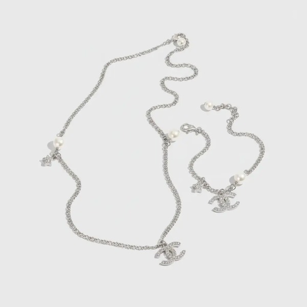 シャネル クリスタル ダブルC パールチャーム ネックレス ブレスレット シルバー