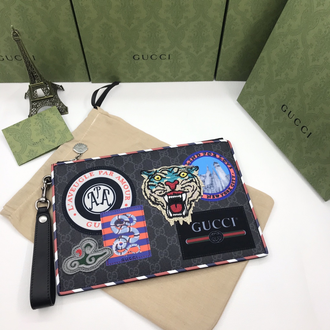 グッチ Gパターン 刺繍 クラッチバッグ ブラック 詳細画像 1