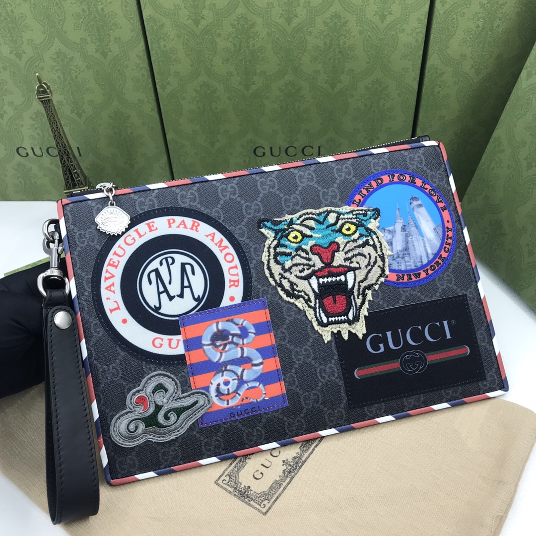 グッチ Gパターン 刺繍 クラッチバッグ ブラック 詳細画像 3