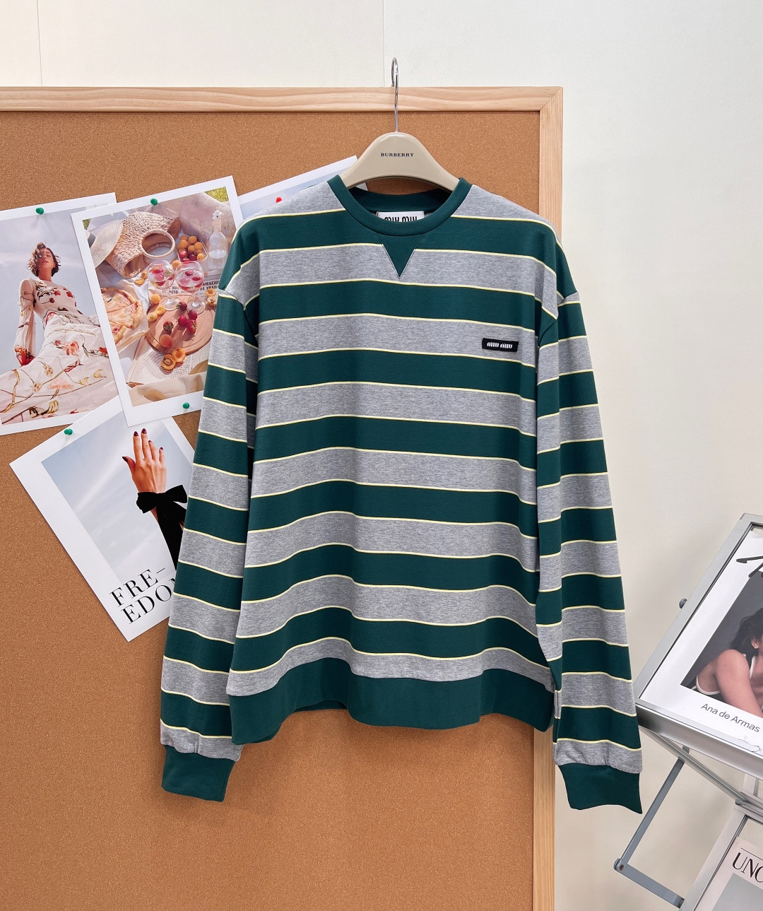 ミュウミュウ ボーダー長袖Tシャツ ダークグリーン ライトグレー 詳細画像 1