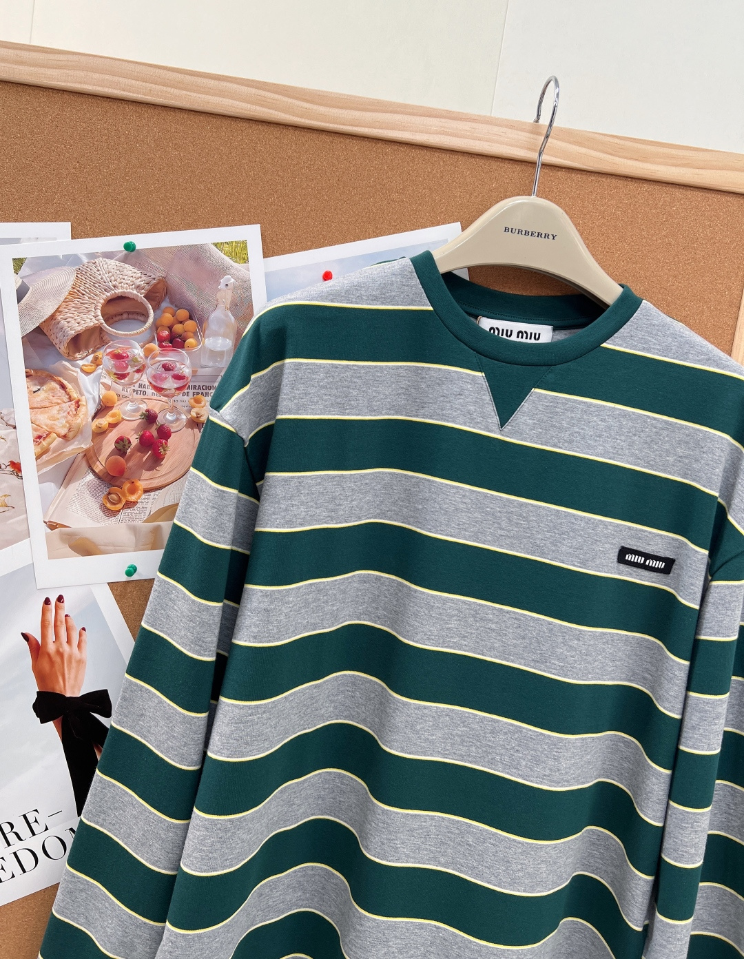 ミュウミュウ ボーダー長袖Tシャツ ダークグリーン ライトグレー 詳細画像 3