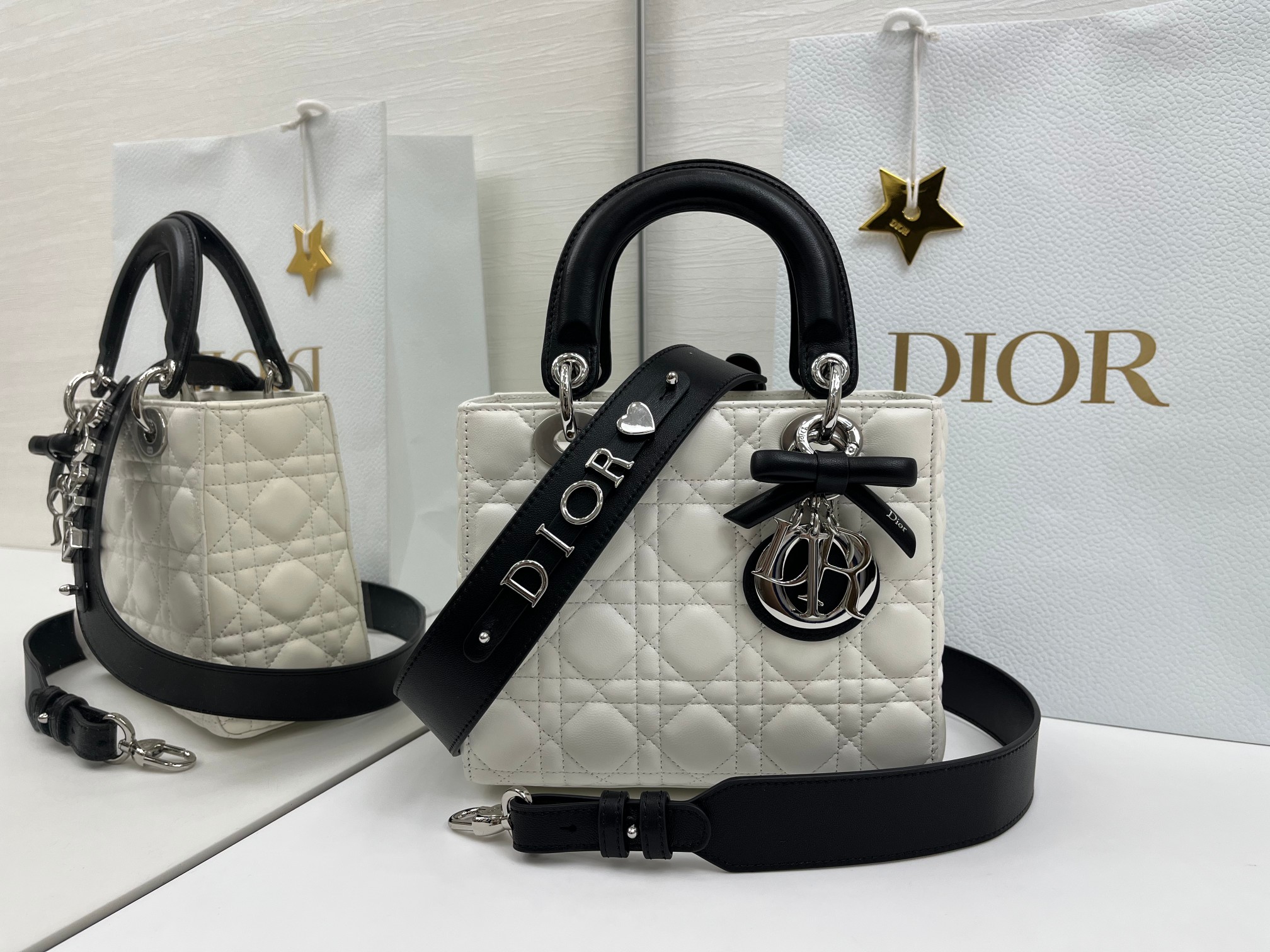 ディオール レディ ディオール My ABCDior リボン ハンドバッグ ホワイト ブラック 詳細画像 1
