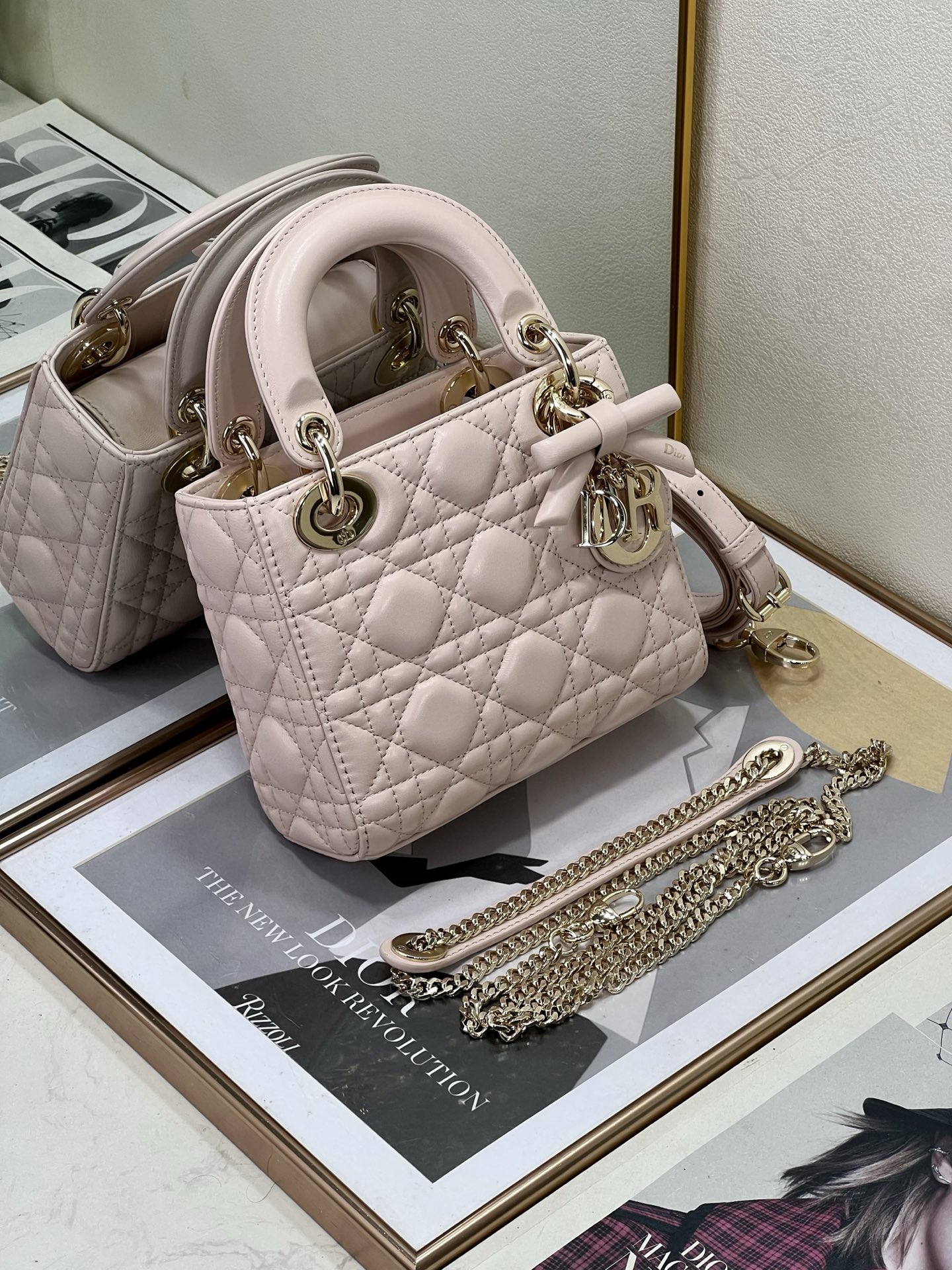 ディオール Classic Lady リボン 3層 チェーン ショルダーハンドバッグ ピンク 詳細画像 3