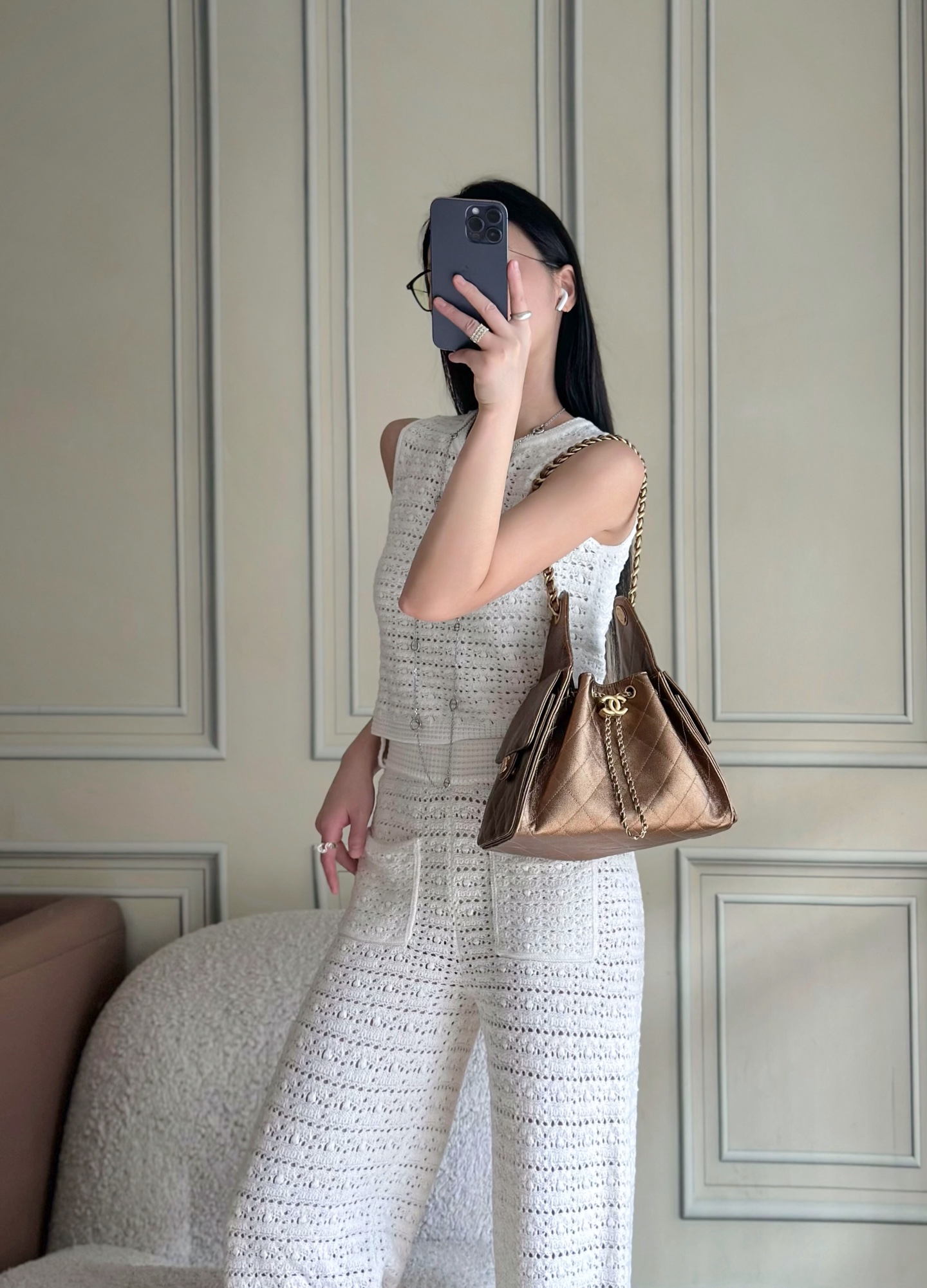 シャネル 25C チェーン アンダーアーム ショルダーバッグ HOBO BAG キャビアレザー ゴールド 詳細画像 2