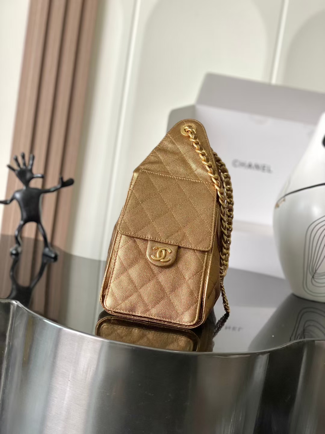 シャネル 25C チェーン アンダーアーム ショルダーバッグ HOBO BAG キャビアレザー ゴールド 詳細画像 3