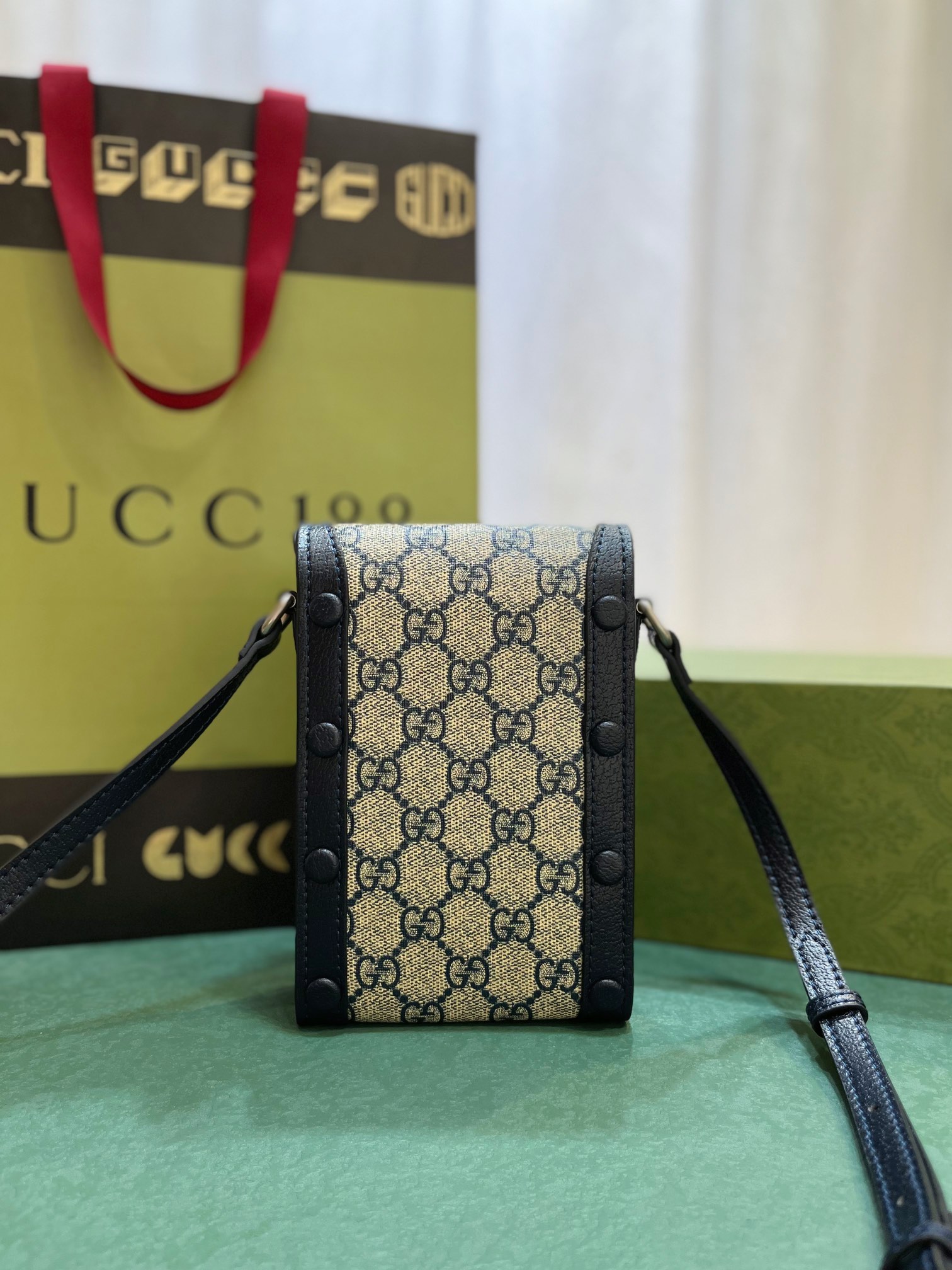 グッチ ホースビット 1955 ミニ スマホショルダーバッグ ベージュ ネイビー 詳細画像 2