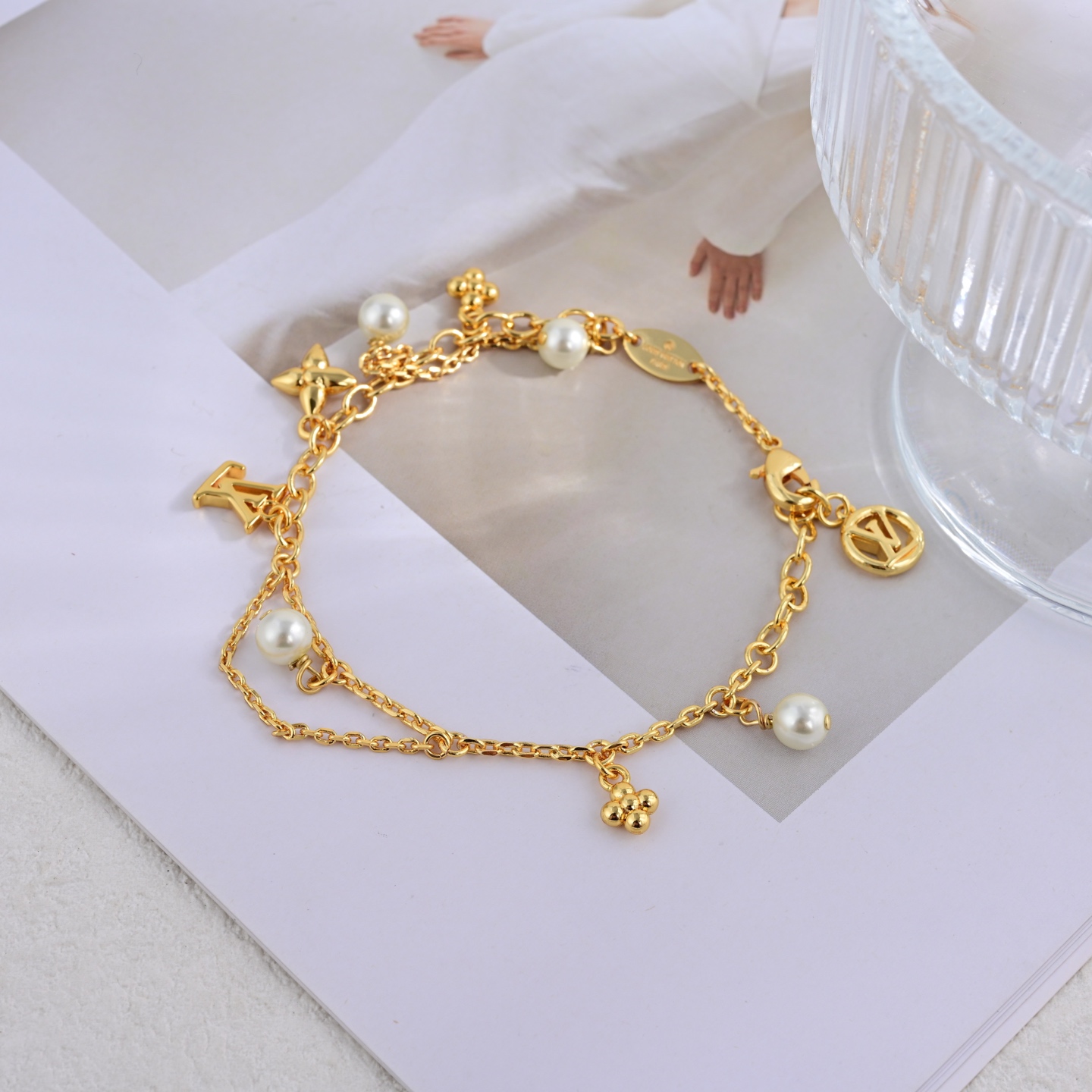 ルイ・ヴィトン フラワーチャーム パール ネックレス ブレスレット ピアス セット ゴールド 詳細画像 3