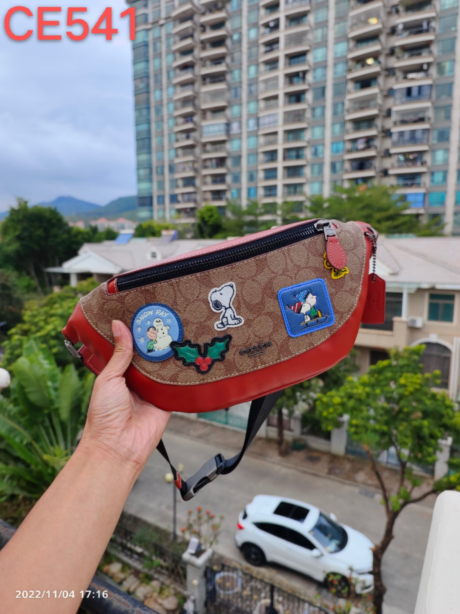 コーチ PEANUTS WARREN ウエストバッグ シグネチャー ブラウン レッド 詳細画像 1