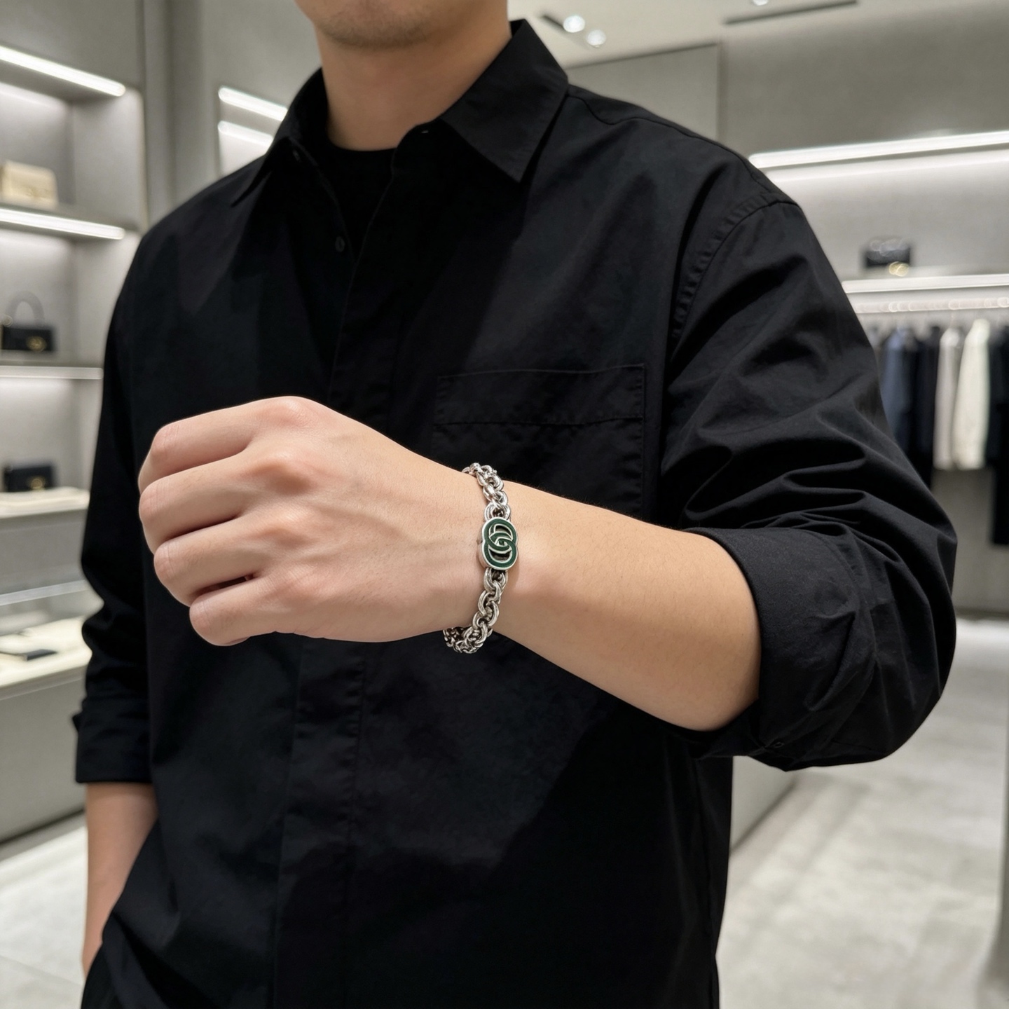 グッチ チェーンブレスレット シルバー グリーン 詳細画像 3