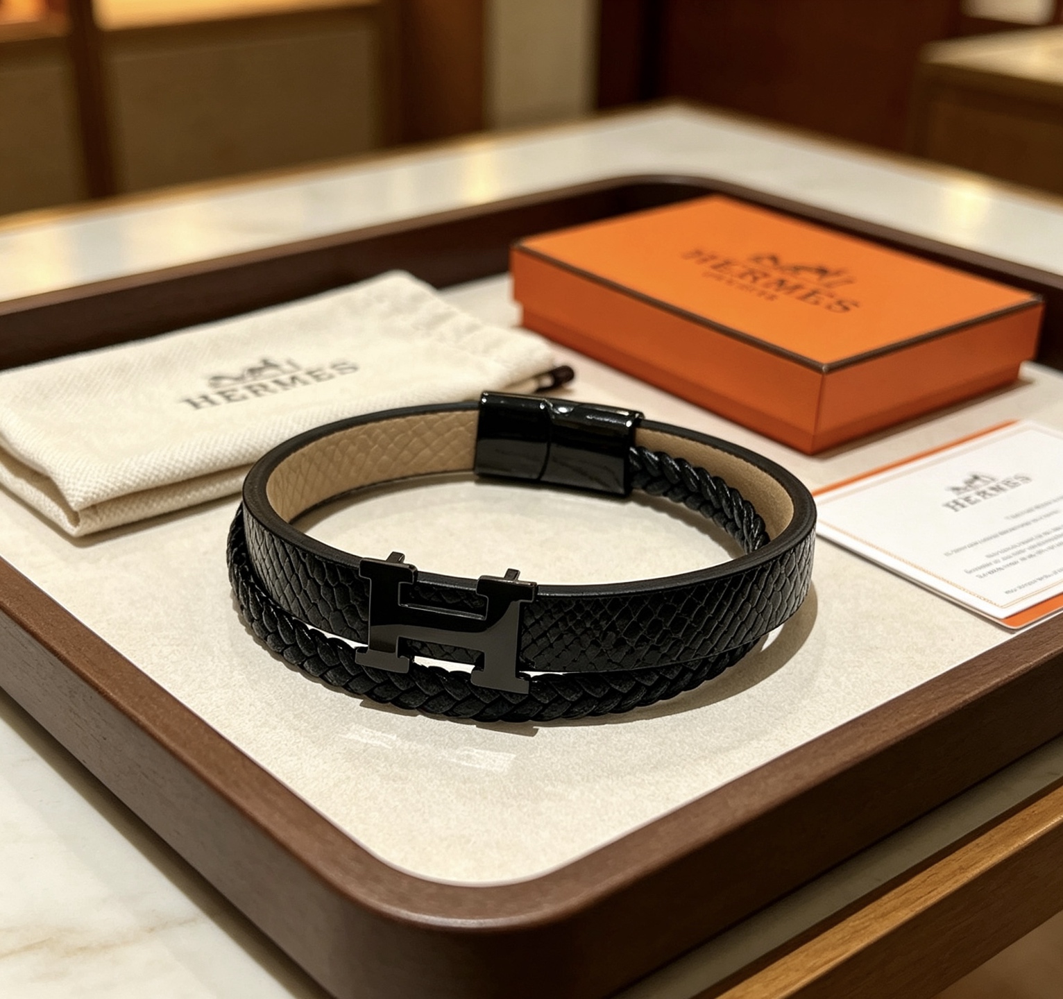 エルメス Anger Forest レザーコードブレスレット 18K ゴールド ブラック 詳細画像 2