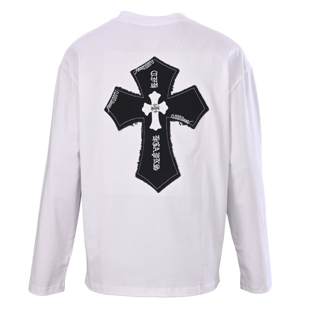 クロムハーツ ヘビーウェイト クロスパッチ ドロップショルダー ロングスリーブTシャツ ブラック ホワイト 詳細画像 3
