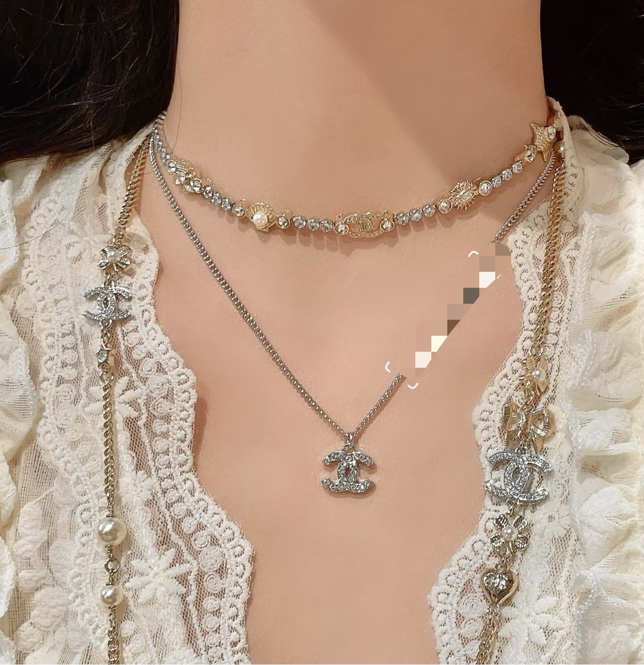 シャネル 25C ゴールド フルクリスタル ダブルC ホタテ貝 パール ペンダント ネックレス 詳細画像 3