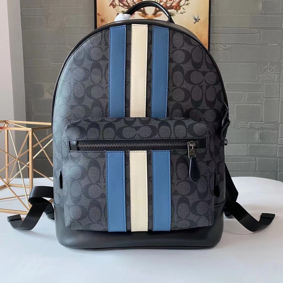 コーチ West スリム バックパック シグネチャーPVC ストライプ チャコール ブルー 詳細画像 2