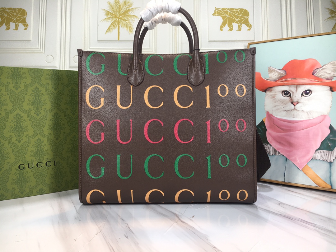 グッチ レザー トートバッグ ブラウン マルチカラー ロゴプリント 詳細画像 1