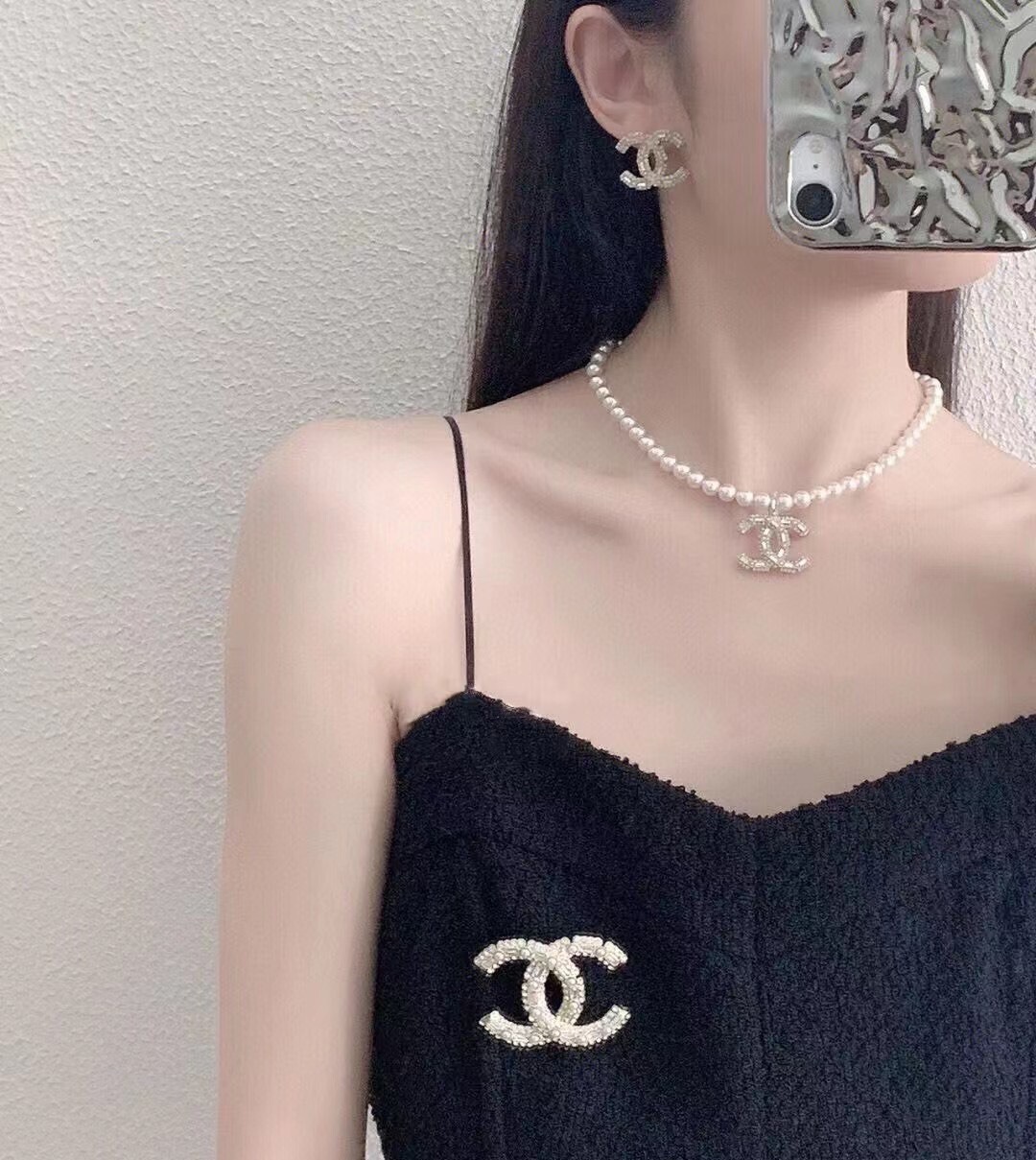 シャネル ラインストーン ダブルC レリーフ パールネックレス ホワイト 詳細画像 3