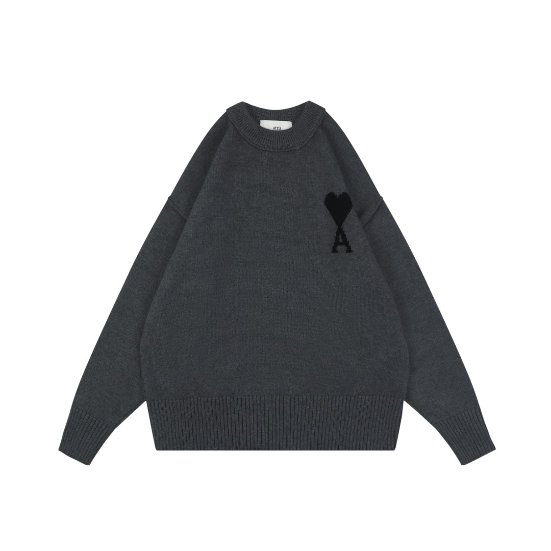 アミ 25FW ハートロゴ クルーネックセーター ダークグレー 詳細画像 1