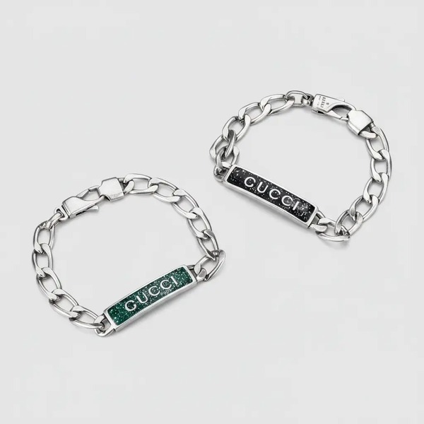 グッチ ロゴプレート チェーンブレスレット シルバー グリーン ブラック
