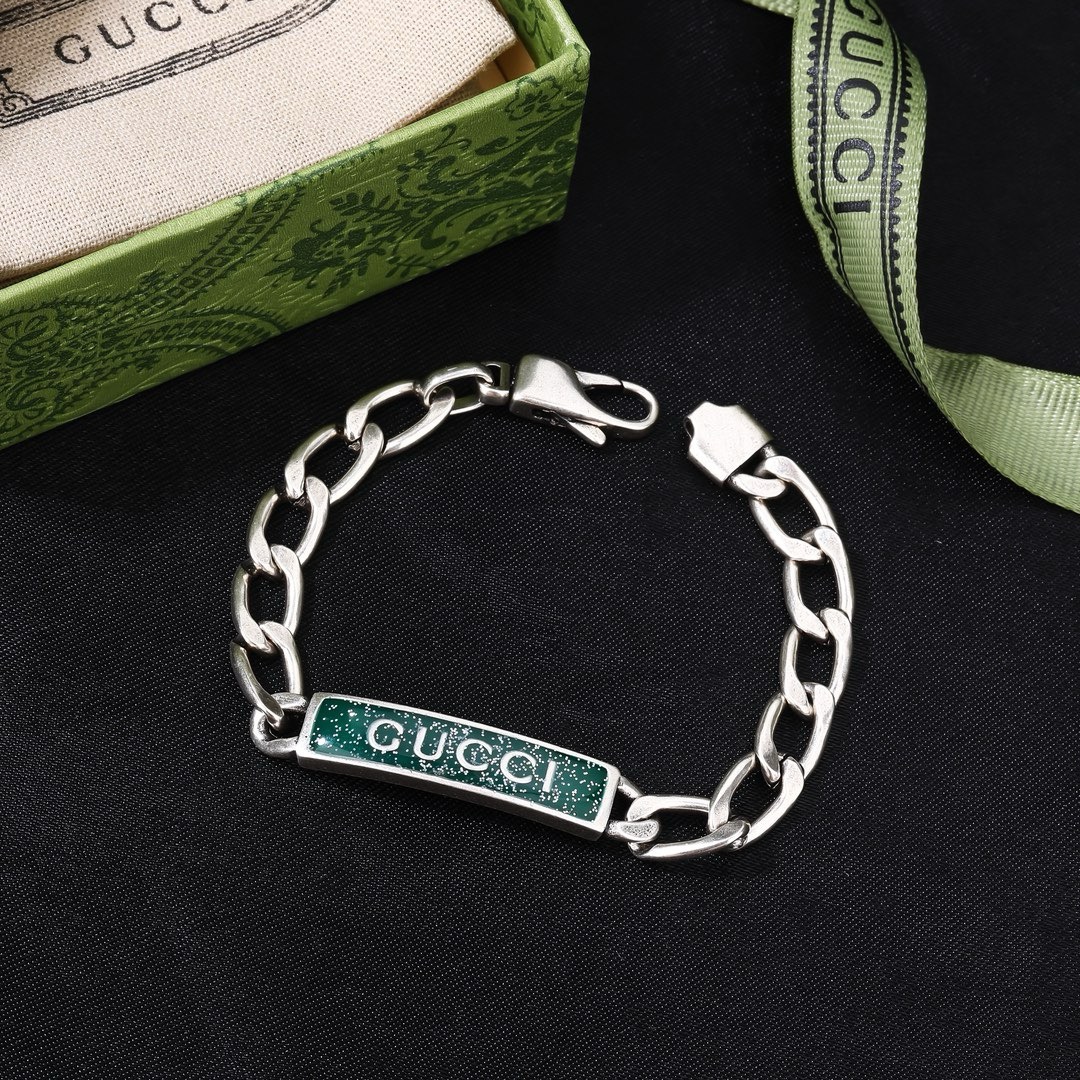 グッチ ロゴプレート チェーンブレスレット シルバー グリーン ブラック 詳細画像 3