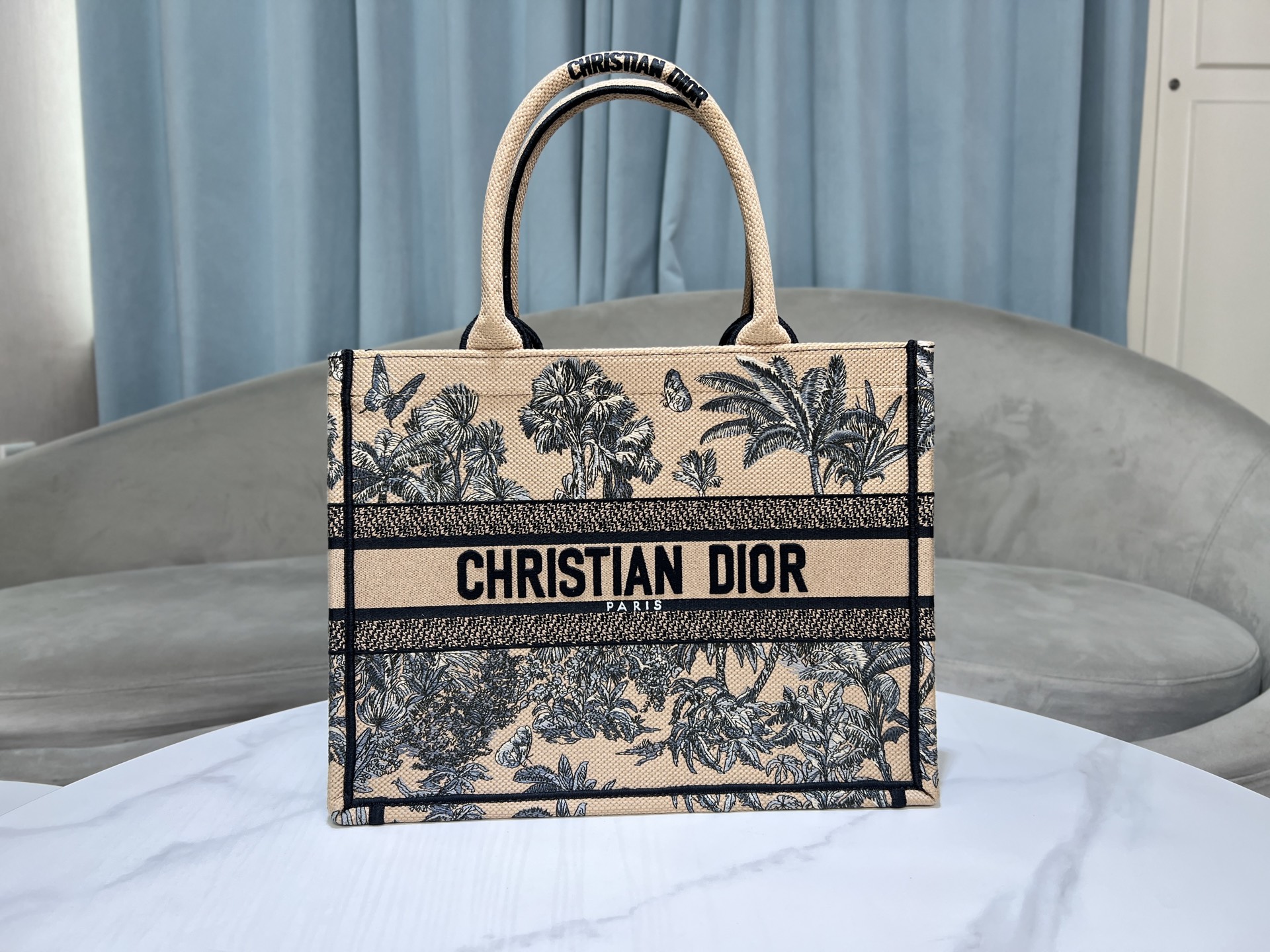 ディオール Book Tote ミディアム Palms 刺繍 アプリコット スペースブルー 詳細画像 2