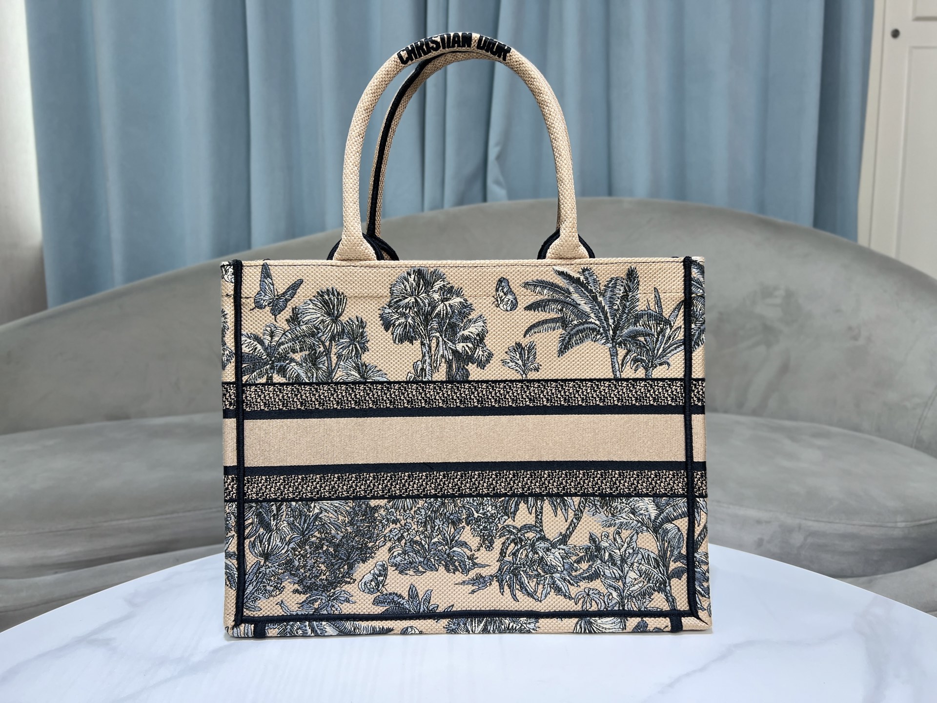 ディオール Book Tote ミディアム Palms 刺繍 アプリコット スペースブルー 詳細画像 3
