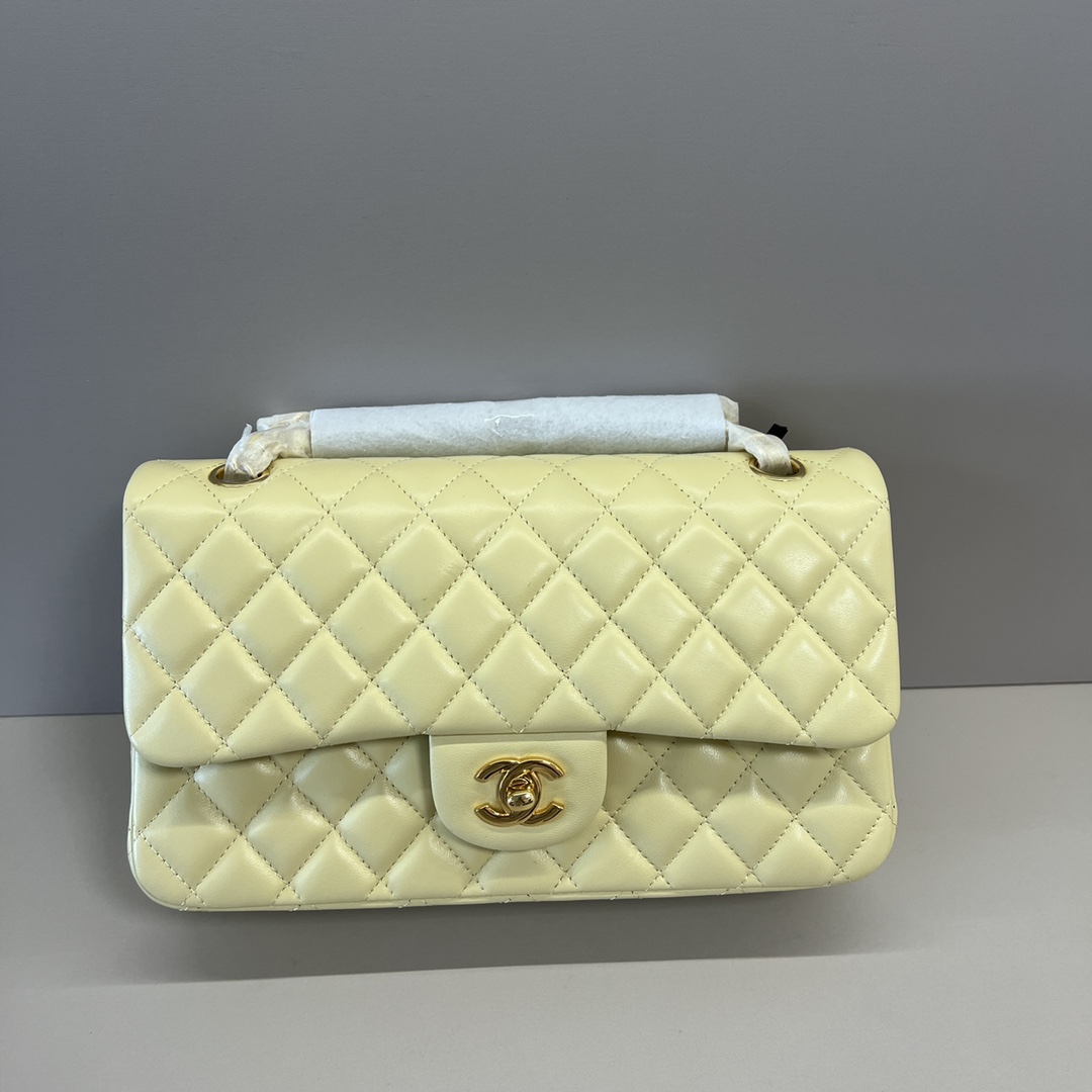 シャネル クラシックフラップ 2.55 CF 25cm ラムスキン チェーン ショルダークロスボディバッグ イエロー ゴールド金具 詳細画像 2