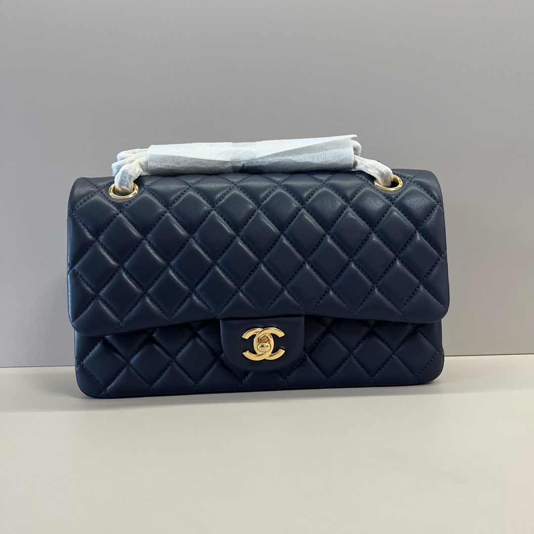 シャネル ダイヤキルティング CF 25cm クラシック 2.55 チェーン ショルダークロスボディバッグ ラムスキン ブルー ゴールド金具 詳細画像 1