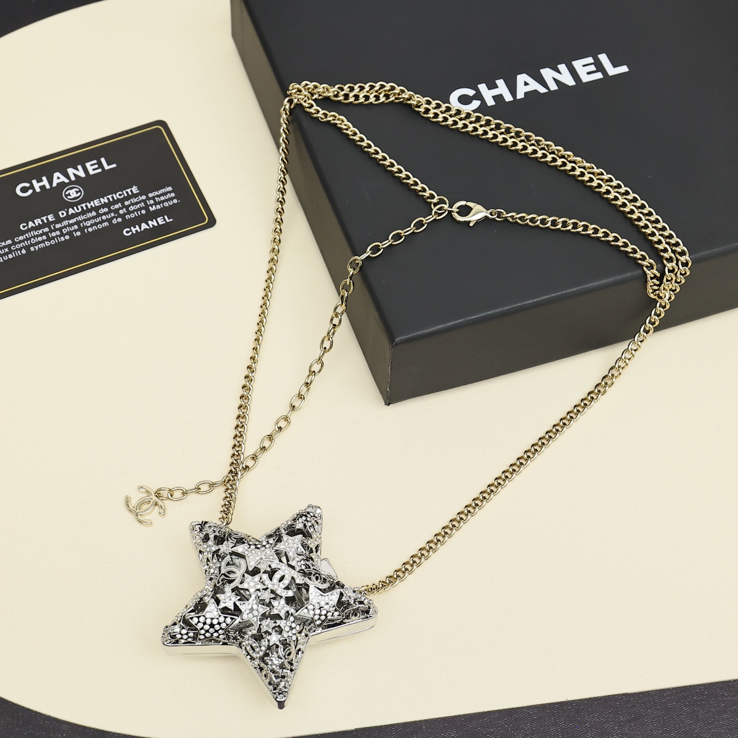 シャネル 25A スター ロングネックレス シルバー ゴールド クリスタル ダブルC 詳細画像 2