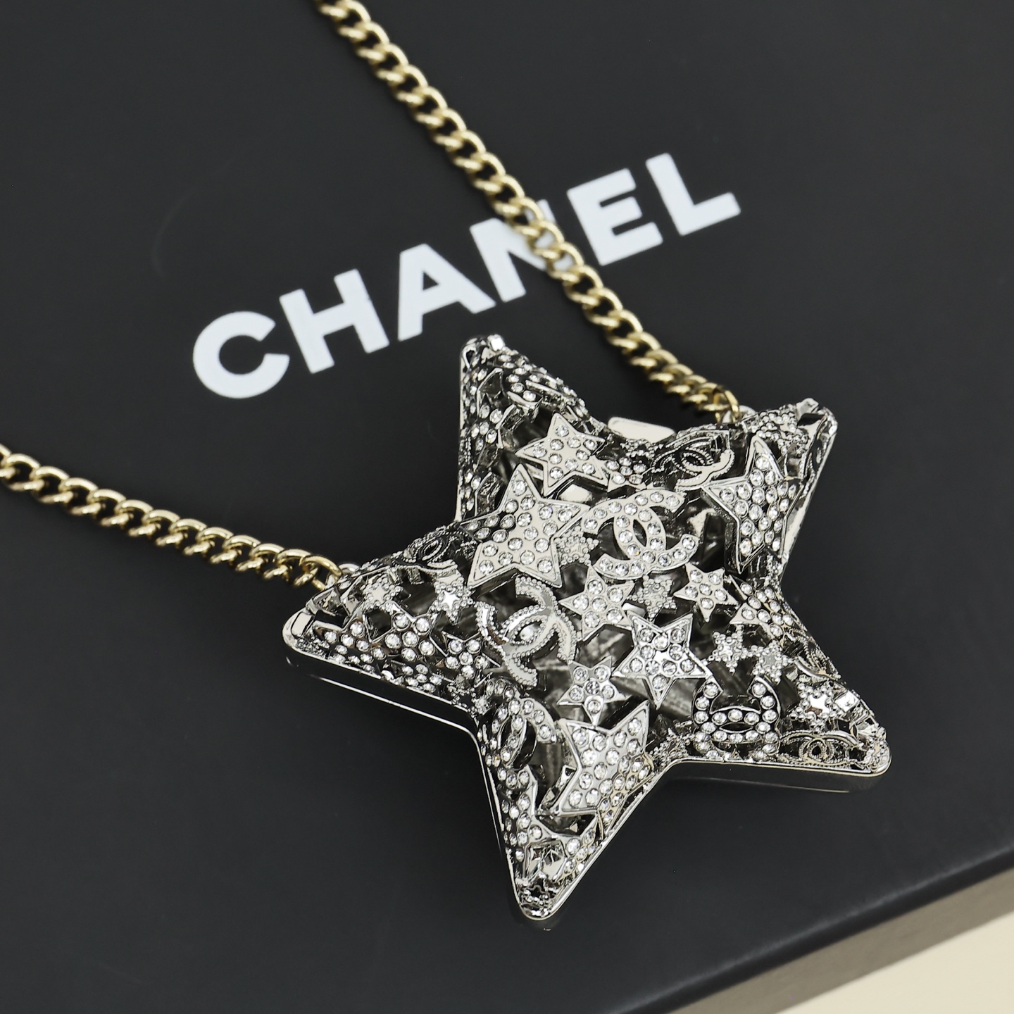 シャネル 25A スター ロングネックレス シルバー ゴールド クリスタル ダブルC 詳細画像 3