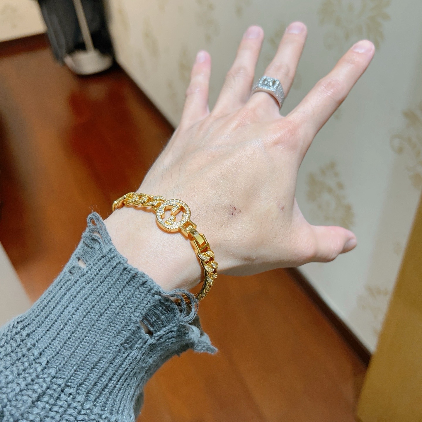 グッチ クリスタル チェーンブレスレット ゴールド 詳細画像 3