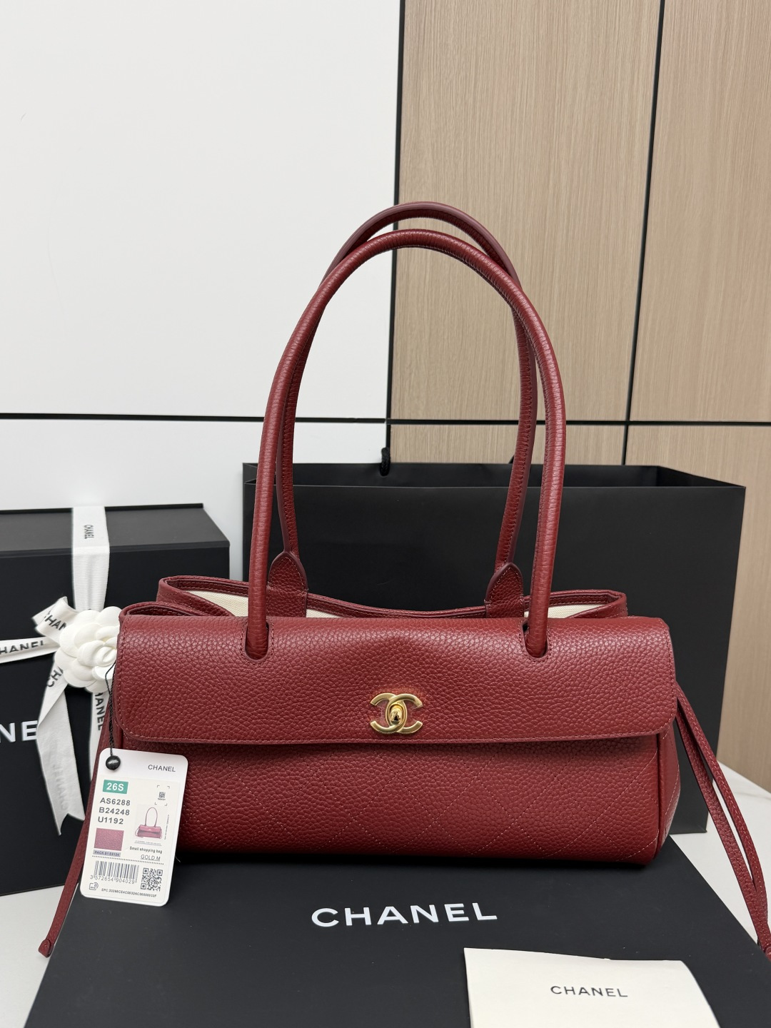 シャネル シボ革 ボウリングハンドバッグ ワインレッド AS6288 詳細画像 1