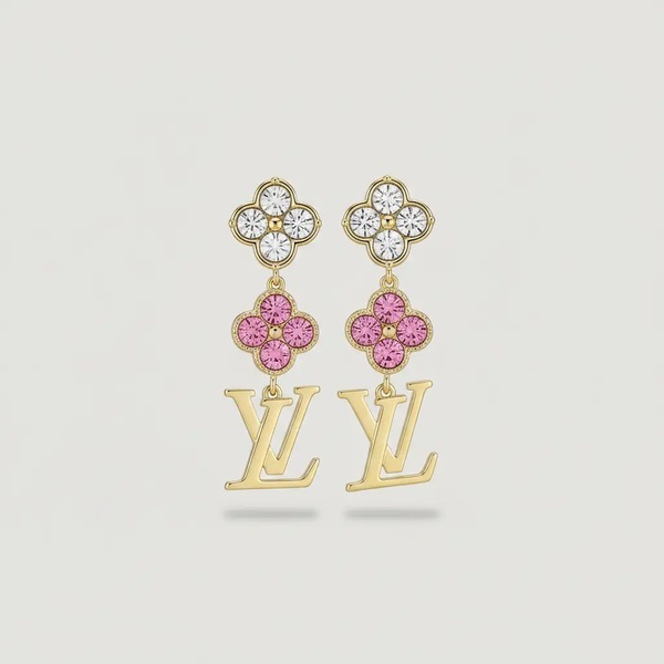 ルイ・ヴィトン LV レター フラワー クリスタル ドロップピアス ゴールド ピンク