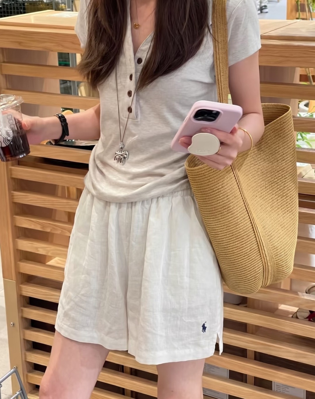 ポロ ラルフ ローレン ポニー刺繍 リネンコットン ウエストゴム ショートパンツ ホワイト