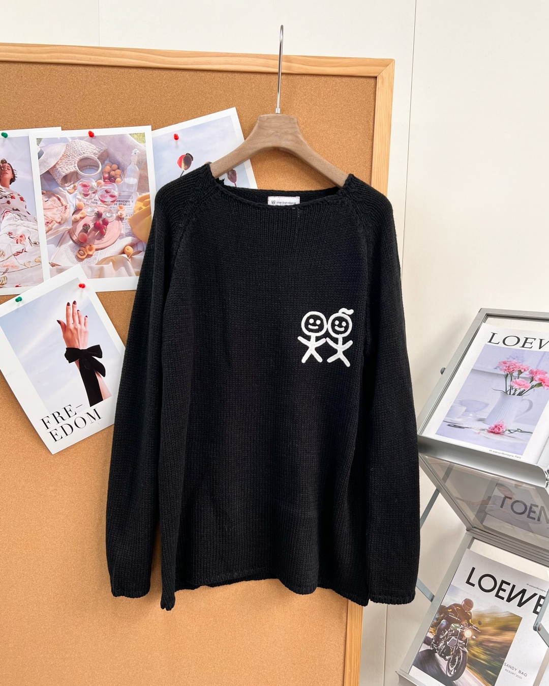 棒人間刺繍 ラグランスリーブ ニットセーター ブラック 詳細画像 1