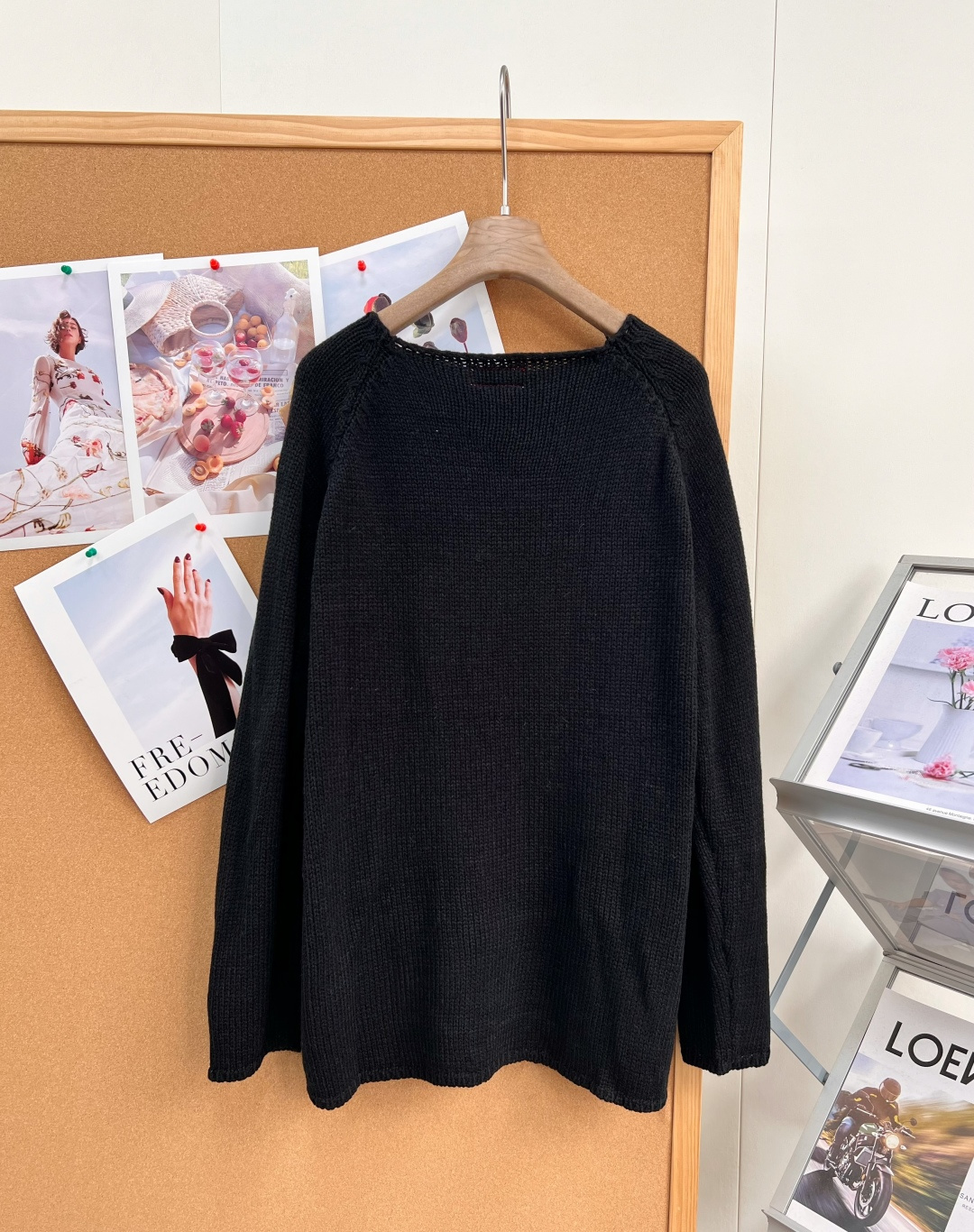 棒人間刺繍 ラグランスリーブ ニットセーター ブラック 詳細画像 2