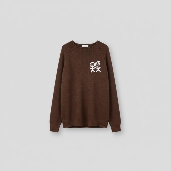 棒人間刺繍 クルーネック ニットセーター ダークブラウン U611280