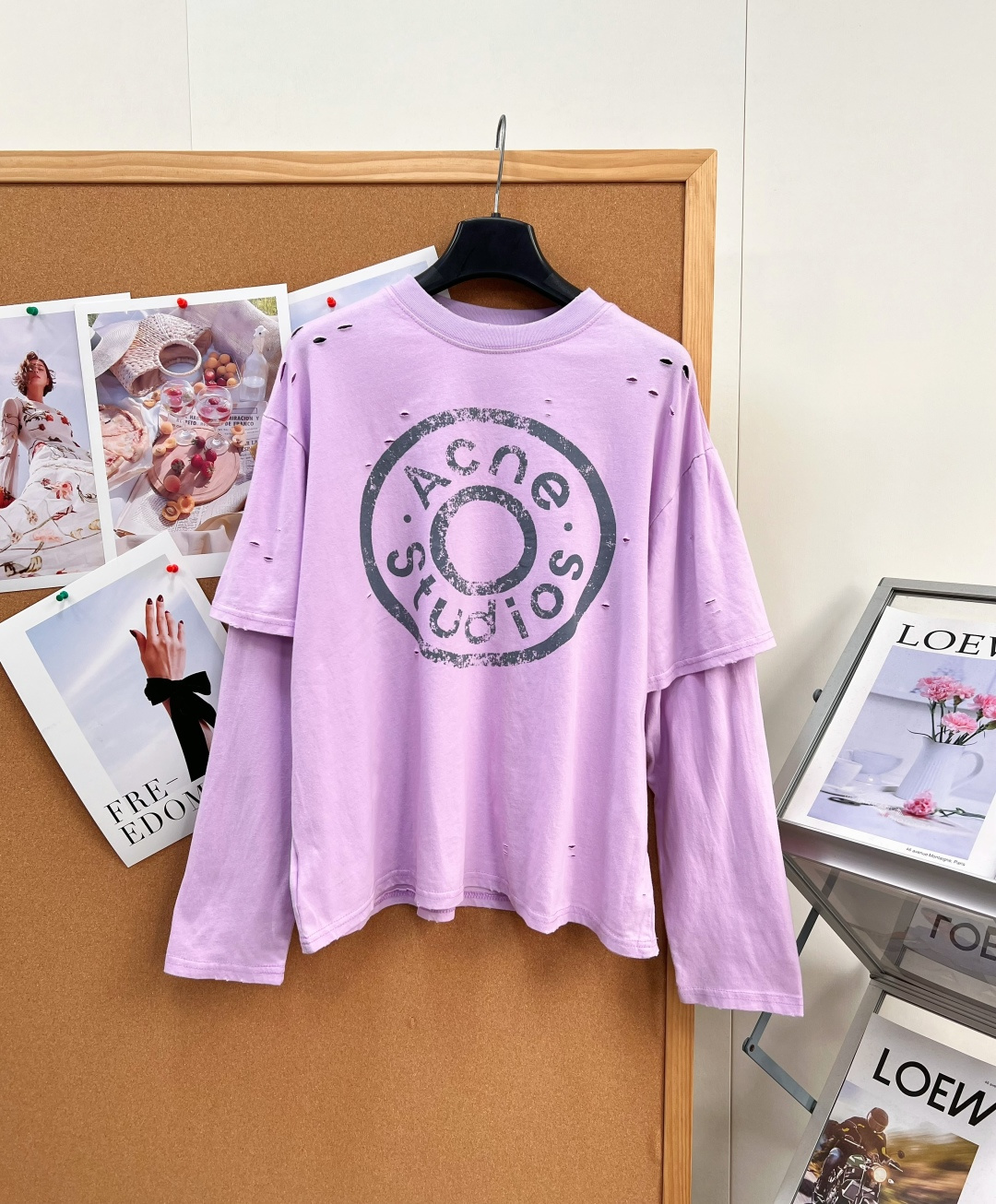 アクネ ストゥディオズ ボタンロゴプリント ダメージ加工 レイヤード風 長袖Tシャツ パープル 詳細画像 1