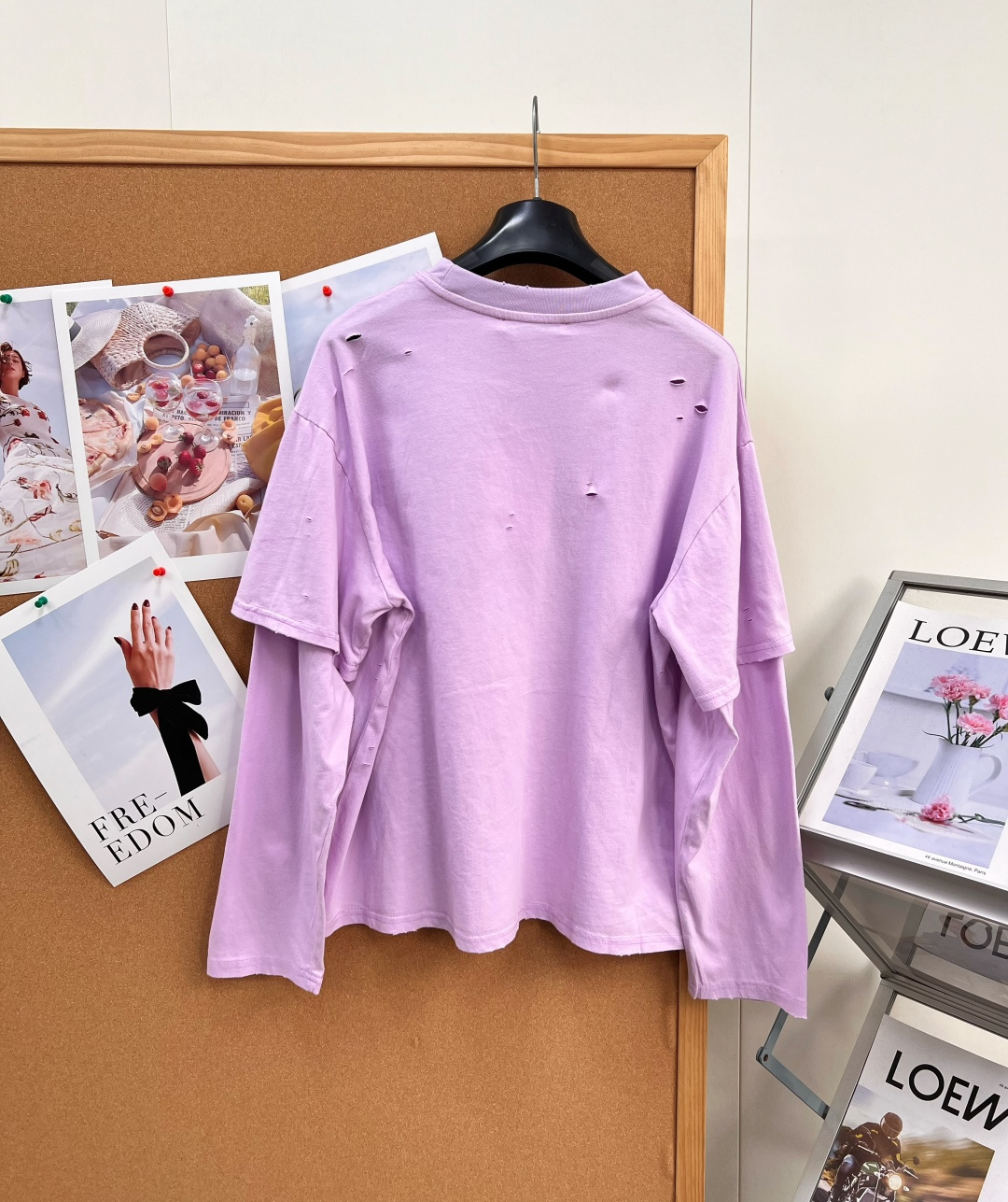 アクネ ストゥディオズ ボタンロゴプリント ダメージ加工 レイヤード風 長袖Tシャツ パープル 詳細画像 2
