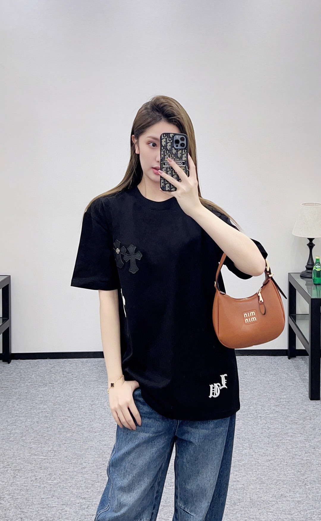 クロムハーツ レザークロスパッチ 刺繍 半袖Tシャツ ブラック
