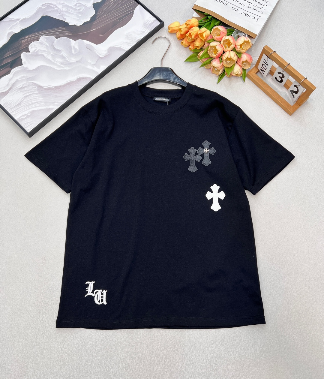 クロムハーツ レザークロスパッチ 刺繍 半袖Tシャツ ブラック 詳細画像 1