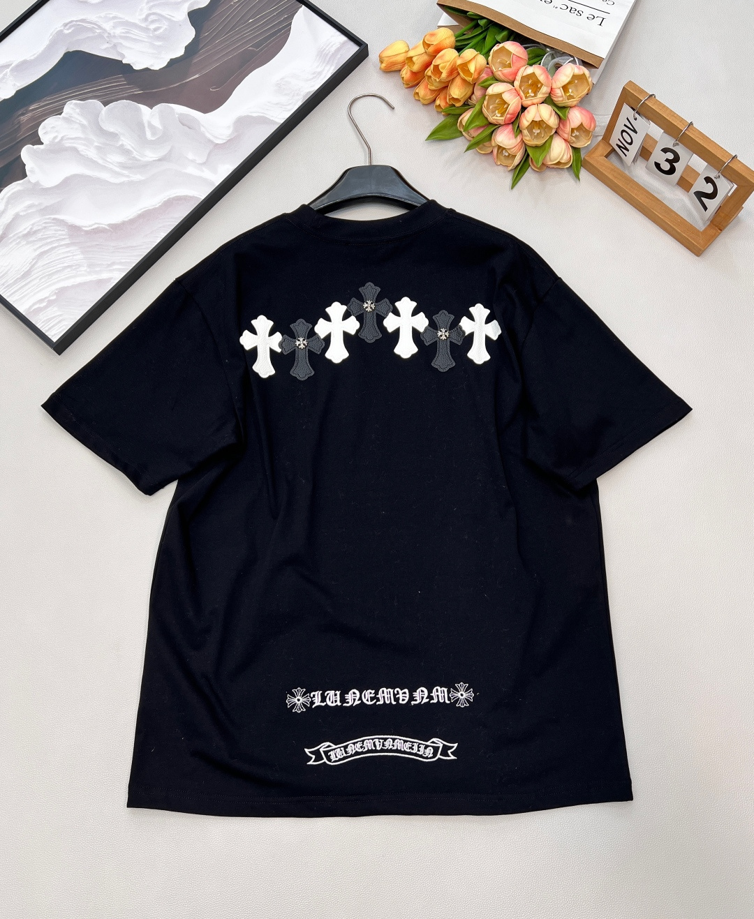 クロムハーツ レザークロスパッチ 刺繍 半袖Tシャツ ブラック 詳細画像 2