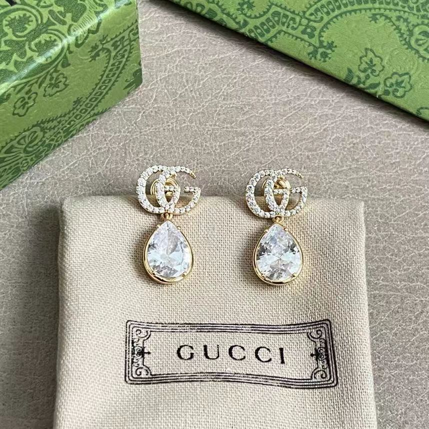 グッチ ダブルG クリスタル ティアドロップ ピアス ゴールド 詳細画像 1