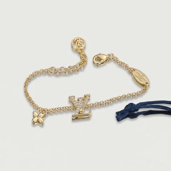 ルイ・ヴィトン LV レター ダブルチェーン ブレスレット クリスタル モノグラムフラワーチャーム ゴールド