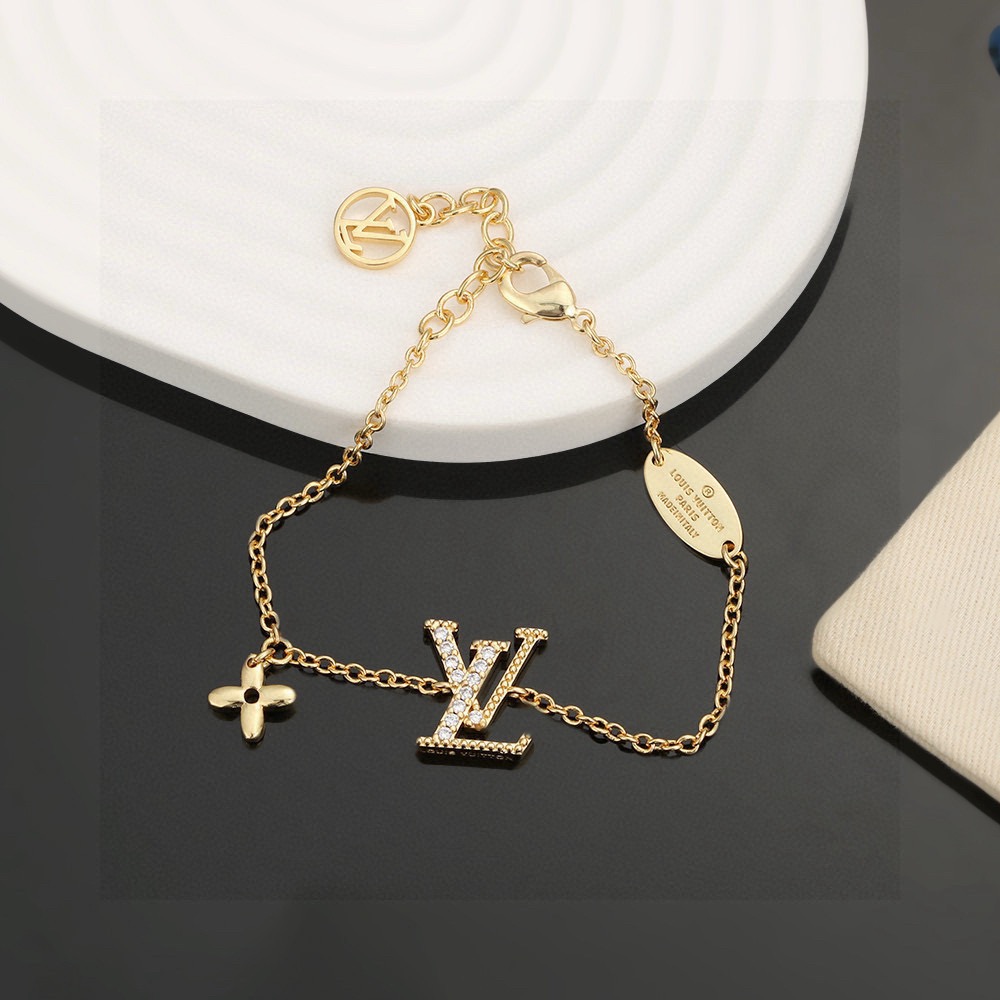 ルイ・ヴィトン LV レター ダブルチェーン ブレスレット クリスタル モノグラムフラワーチャーム ゴールド 詳細画像 3